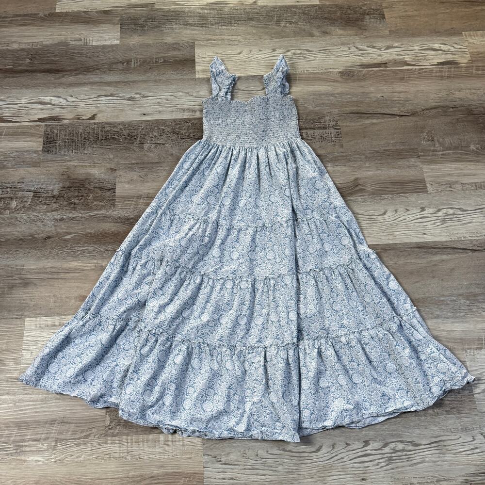 Kourt Blue Floral Smocked Nap Dress Tiered Maxi Ruffle Cottagecore Boho Large
